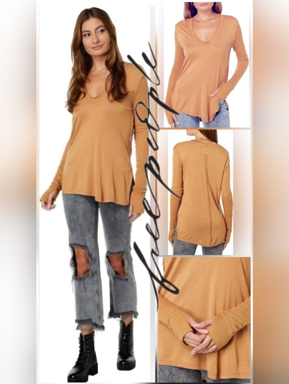 We The Free Free People Fresh & Clean Long Sleeve V-Neck Tee In Golden Nugget